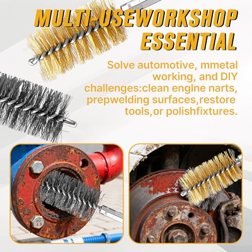 16 Pcs Wire Brush Set for Drills, Stainless Steel and Brass Bore Cleaning Brushes with 1/4" Hex Shank, Compatible with Power Drills, Grinders, and Impact Drivers (8-25mm)