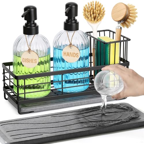 Shinowa Kitchen Dish Soap Dispenser Set, 14OZ Glass Bottle with Rustproof 304 Stainless Steel Sponge Holder and Instant Dry Tray, Hand and Dish Soap Dispenser Set for Kitchen Sink Organizer Decor - color: Black + Dark Grey + Transparent