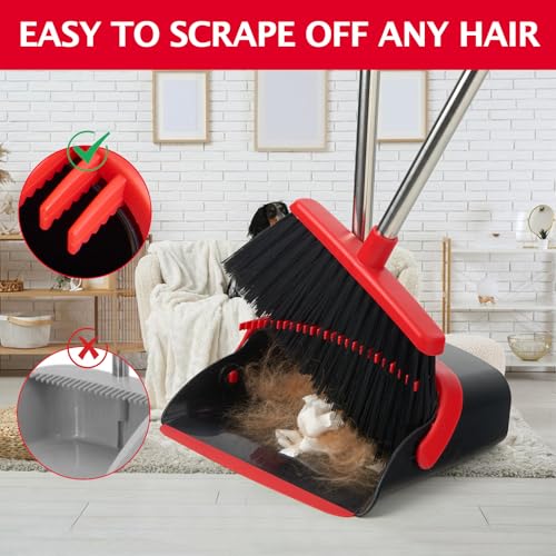 Broom and Dustpan Set with Long Handle, Heavy Dust Broom and Dustpan Combo for Home，Kitchen, Office, Pet Hair 2PCS (Black Red) - color: Red Black 2-pack