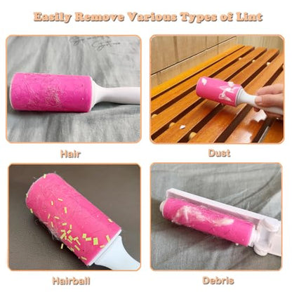 Washable Gel Lint Roller 3 Pack, Reusable Sticky Lint Roller Portable Pet Hair Remover Cleaner for Clothes, Travel, Home, Large with Cover and Foldable Mini Remover, Pink