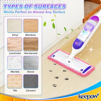 KEEPOW Reusable Microfiber Mop Pads for Swiffer PowerMop, 4 Count, Pink, Machine Washable, Compatible with 13-15 Inch Spray Mop, Multi-Surface Floor Cleaning - color: Pink 4 Pack