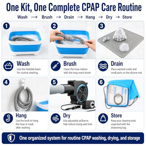 Complete CPAP Cleaning Kit and Drying Kit with CPAP Hose Dryer, 78.7 in Hose Brush for 22 mm & 15 mm Tubing, Collapsible Wash Basin, Thick Silicone Drying Mat, Straight & Y Adapter, No Heat - color: Ultra