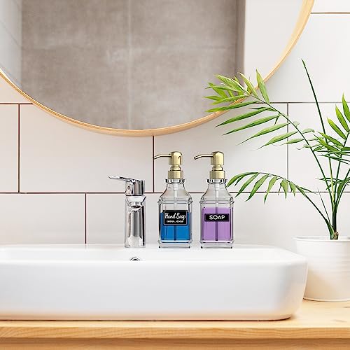 LMQML Soap Dispenser - 2 Pack, Antique Design Thick Glass Hand Soap Dispensers with Sturdy Tray; 304 Rust Proof Stainless Steel Pump, 12Pcs Stickers, for Kitchen, Bathroom - color: Gold