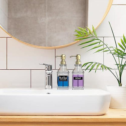 LMQML Soap Dispenser - 2 Pack, Antique Design Thick Glass Hand Soap Dispensers with Sturdy Tray; 304 Rust Proof Stainless Steel Pump, 12Pcs Stickers, for Kitchen, Bathroom - color: Gold