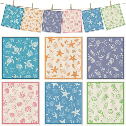 6 Packs Swedish Paper Cloths for Kitchen, Reusable Paper Towels Washable Dish Rags, Highly Absorbent Kitchen Towels Quick Drying Swedish Sponge Cleaning Dish Cloths (Ocean Series) - color: Ocean Series