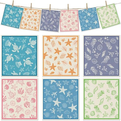 6 Packs Swedish Paper Cloths for Kitchen, Reusable Paper Towels Washable Dish Rags, Highly Absorbent Kitchen Towels Quick Drying Swedish Sponge Cleaning Dish Cloths (Ocean Series) - color: Ocean Series