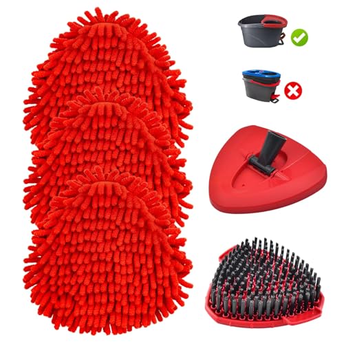 Chenille Mop Heads Replacements for Ocedar, Mop Replace Head for O Cedar Mops, Chenille Duster for Ocedar Easywring 1 Tank Spin Mops Includes 3 Pack Chenilles Pad Refills, 1 Scrub Brush and 1 Base