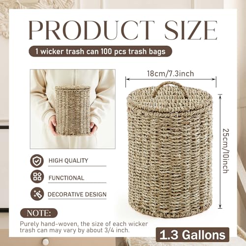Ctosree 1.3 Gallons Small Trash Can with Lid Handle Boho Woven Braided Bathroom Waste Basket Trash Can with 100 Garbage Bags for Bedroom Office Laundry(Primary Color,Braided Straw Rope,Round) - color: Primary Color, style: Braided Straw Rope