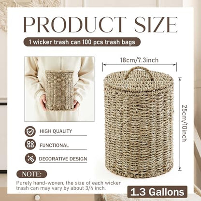 Ctosree 1.3 Gallons Small Trash Can with Lid Handle Boho Woven Braided Bathroom Waste Basket Trash Can with 100 Garbage Bags for Bedroom Office Laundry(Primary Color,Braided Straw Rope,Round) - color: Primary Color, style: Braided Straw Rope