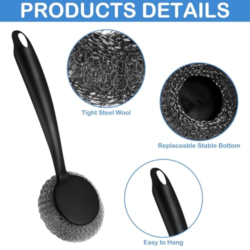Scrubber with Handle Comes with Three Replacement Balls Steel Wool, Short Handle Scrubber, Steel Wool Scrubber Supplies Dish Scrubber, Stainless Steel Scrubber Tool Metal Scrubber for Dishes - color: 5pcs-1