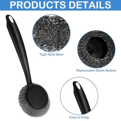 Scrubber with Handle Comes with Three Replacement Balls Steel Wool, Short Handle Scrubber, Steel Wool Scrubber Supplies Dish Scrubber, Stainless Steel Scrubber Tool Metal Scrubber for Dishes - color: 5pcs-1