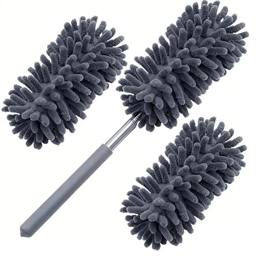 Microfiber Duster for Cleaning, GMLKRY Hand Washable Dusters with 3pcs Replaceable Microfiber Head, Extendable Pole, Detachable Cleaning Supplies for Office, Car, Window, Furniture (Gray) - color: Gray