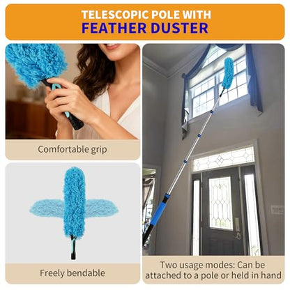 Duster with Extension Pole (20 FT Reach), Light Bulb Changer for High Ceilings & 3-12FT Extension Pole Duster Cleaning Kit, Fan Duster/Cobweb Duster/Window Washing Kit for High Window, Interior Roof