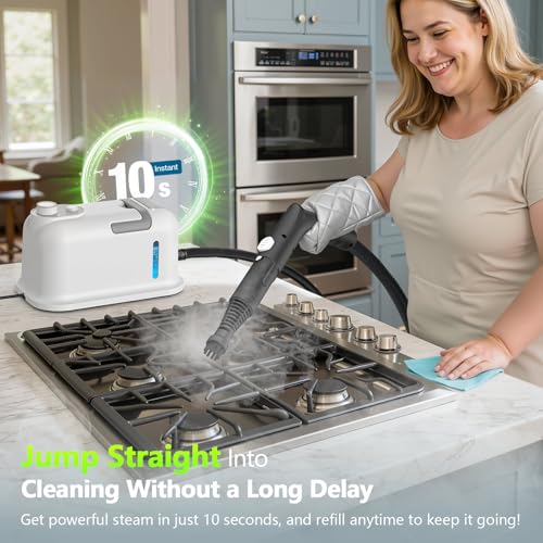 Handheld Steam Cleaner, 3S Instant Heat 1350W High Pressure Steam Cleaner, Portable Chemical-Free Deep Cleaning Steamer for Grout Tile Bathroom Kitchen Car Detailing with Continuous Refill (White)