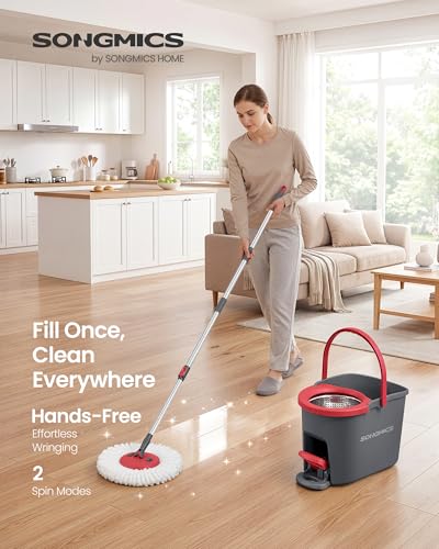 SONGMICS Spin Mop and Bucket Set with Pedal Wringer, Floor Cleaning Mop, Adjustable Telescopic Handle, Max. 59.1-Inch Length, 360° Rotating Head, 3 Microfiber Pads, Gray and Red ULMB002GT03 - color: Gray + Red, size: 3 Pads