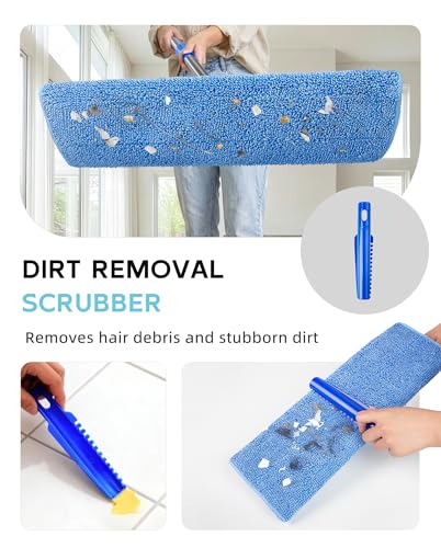 MR.SIGA Professional Microfiber Mop for Hardwood, Laminate, Tile Floor Cleaning, Stainless Steel Telescopic Handle - 3 Reusable Flat Mop Refills and 1 Dirt Removal Scrubber Included - color: Blue