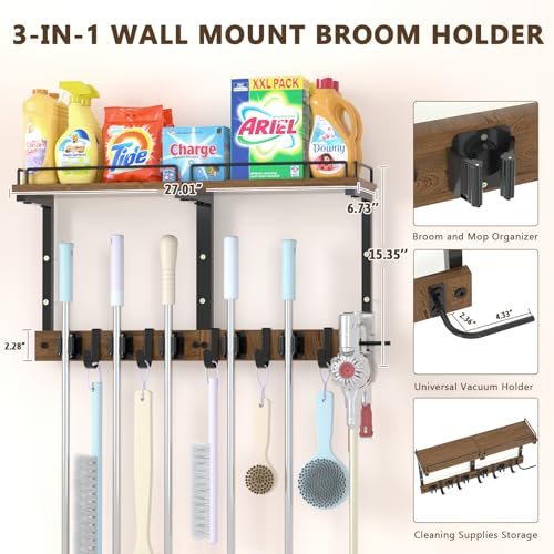 Mop Holder Wall Mount with Cleaning Supplies Organizer, Wood Mop and Broom Hanger Rack Organizer with Anti-Fall Wall Shelf with 5 Clips & Hooks for Garage Laundry Room Kitchen (Brown) - color: Brown