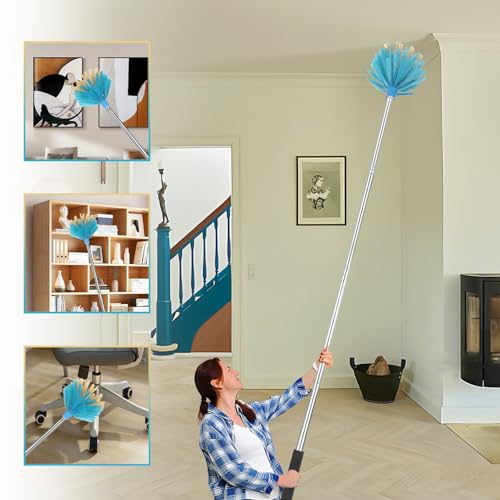 Cobweb Duster with Extension Pole，Medium Stiff Bristles Cobweb Duster Head ，Adjustable from 28 to 56 inches Long Duster for High Ceilings, Suitable for Ceilings, Walls, Indoor Outdoor Environments