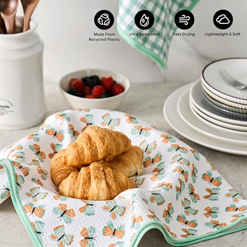 RECYCO Waffle Kitchen Towel Set of 2 - Quick Dry Microfiber Sustainable Dish Towels - Ultra Absorbent Reusable Cleaning Tea Towels - Lightweight Hand Towels,16”x 28”, Butterfly Gingham - color: Butterfly Gingham
