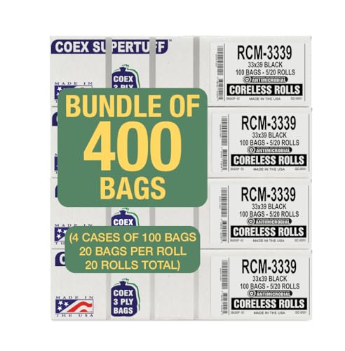 Aluf Plastics - Thick Trash Bags, 33 Gallon, 1.25 Mil (eq), 33"x38", Black, 400 Count (20 Rolls of 20) - style: 33 Gal, 1.25 Mil Equiv, 400 Count