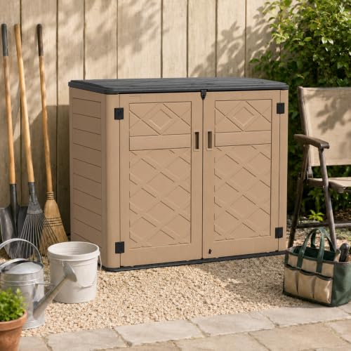 ADDOK 38 Cu.Ft Outdoor Storage Shed with Floor,Large Waterproof Resin Storage Cabinet with Lift-Up Lid,Double Doors and Lockable Design for Lawn Mower,Garden Tools, Patio,Backyard and Pool Supplies - size: Coffee 38 Cu.Ft