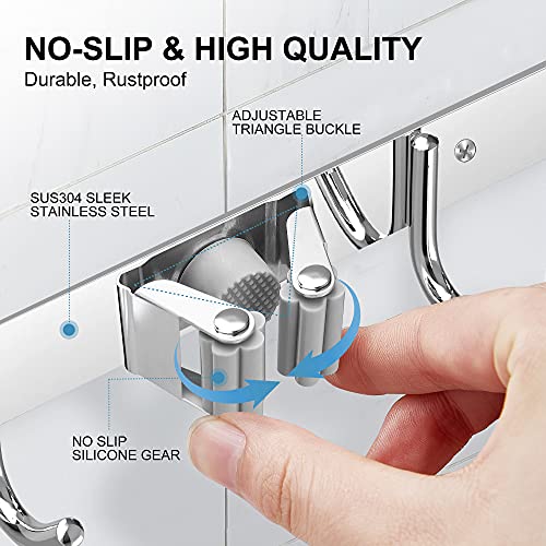 NUHATOP Broom Holder Wall Mount,4 Clips 5 Hooks, Stainless Steel, Mop and Broom Organizer Rack, Non-Slip, Cleaning Tools Storage Hanger for Garage, Laundry Room, Closet Door, Garden, Silver