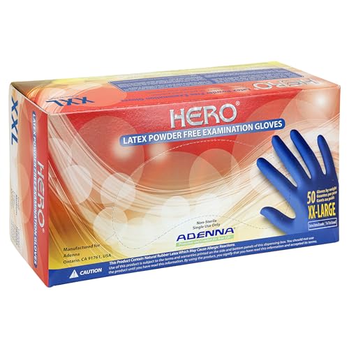 Adenna HERO Disposable Latex Gloves - 14 Mil, NFPA-Approved Heavy Duty Glove with 12" Extended Cuff & Micro-Textured Grip, Exam Grade, Powder Free, Pack of 50, 2X-Large, Blue - size: 2X-Large (Pack of 50)