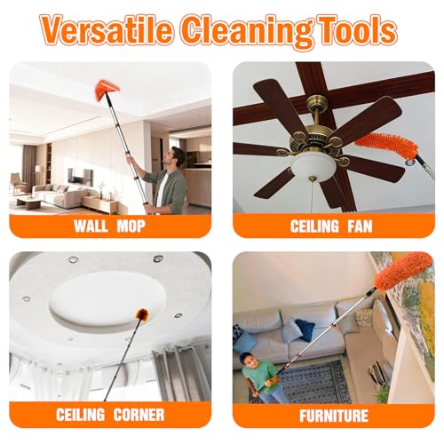LAANPOLE 20FT Reach Dusters for Cleaning, Ceiling Fan Cleaner Duster with Extension Pole, Wall and Baseboard Cleaner Mop with Handle for Window Cobweb Fan Blade and High Ceiling - size: 12FT