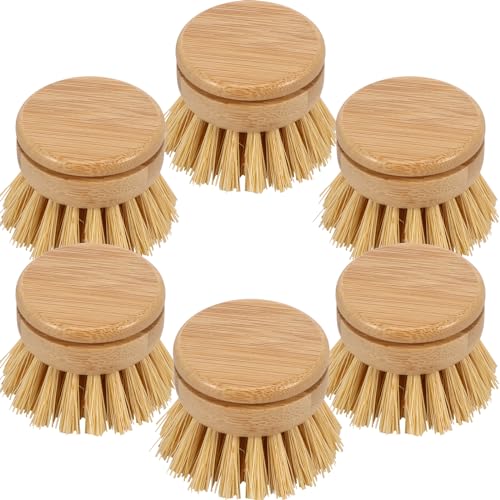 6pcs Bamboo Dish Brush Replacement Heads, Wooden Dish Brushes for Cleaning – Kitchen Wood Dish Scrubbers Washing Up Brush Heads – Natural Bristle Brush Refills for Dishes, Pots – Eco Friendly