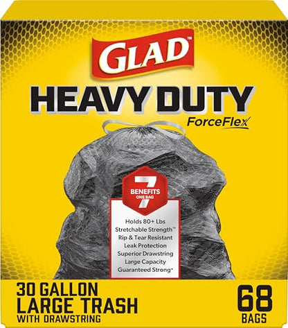 Glad Large 30 Gallon Trash Bags, Unscented Heavy Duty Garbage Bags, Forceflex with Drawstring, 68 Count (Packaging May Vary) - size: 68 Count (Pack of 1)