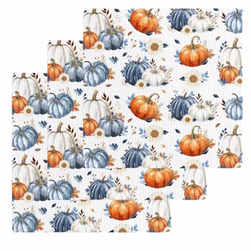 Fall Thanksgiving Pumpkin Dish Towels Set,Waffle Weave Kitchen Towels 3 Pieces,Watercolor Blue Orange Eucalyptus Microfiber Hair Face Bath Tea Towel Absorbent Quick Drying Cleaning Dish Cloths,12"x12" - color: Blue, size: 3PCS,12"x12"