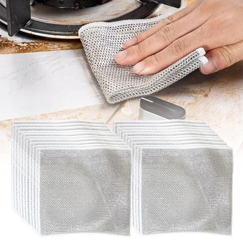 Non Scratch Wire Dishcloth Wet and Dry, 2024 New Kitchen Dish Towels Double Layer Wire Dishwashing Rags Cleaning Pads, Multipurpose Metal Wire Dishcloth Reusable Scrubbing Pads for Kitchen (10PCS)
