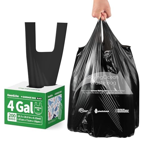Small Trash Bags with Handles - Ocean Plastic Upcycling - Plastic Garbage Bags, Can Bin & Waste Basket Liner for Kitchen, Bathroom, Office and Pets,4 Gallon 200 Count Black - color: 4Gal Black, size: 1 DISPENSER BOX