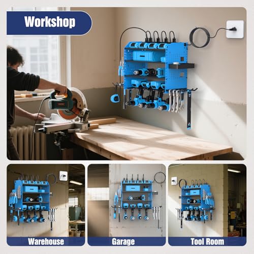 Heavy Duty Power Tool Organizer Wall Mount with Charging Station, 4 Layer Garage Storage Adjustable Shelves Height, Holds 4 Drills, 2 Hooks, Screw & Screwdriver box, Gifts for Fathers Day, Anniversary - color: Blue