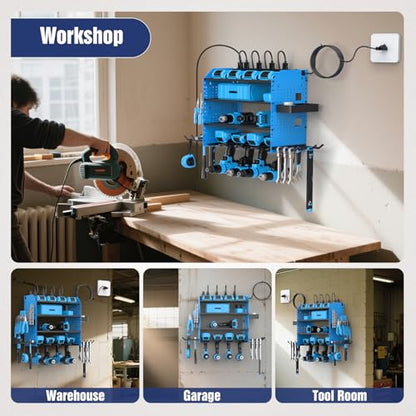 Heavy Duty Power Tool Organizer Wall Mount with Charging Station, 4 Layer Garage Storage Adjustable Shelves Height, Holds 4 Drills, 2 Hooks, Screw & Screwdriver box, Gifts for Fathers Day, Anniversary - color: Blue