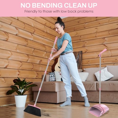 Broom and Dustpan Set for Home, 51-in Long Adjustable Handle Angle Broom and Dustpan Combo Set with Dust Pan Teeth to Clean Hair for Home Kitchen Office Lobby Floor Garden, Pink - color: Pink