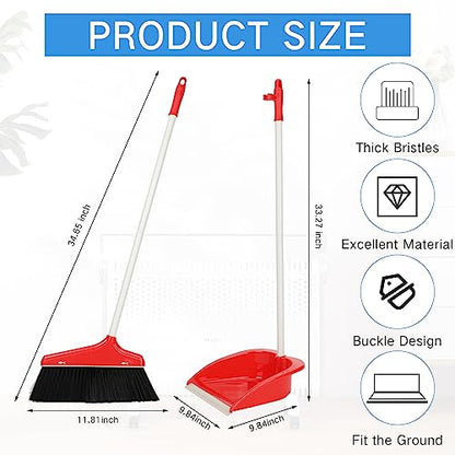 WILLBOND Set of 8 Broom and Dustpan Set Long Handle Broom with Upright Standing Dustpan Broom with Dustpan Combo Set Dust Pan with Long Handle for Lobby Kitchen Office Floor Outdoor Cleaning (Red)