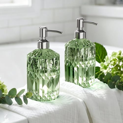 AmazerBath Soap Dispenser, 2 Pack Green Glass Soap Dispenser with Pump Stainless Steel, 14.2OZ Refillable Hand Soap Bottles Bathroom Kitchen - color: Green & Stainless Steel - 2 Pack