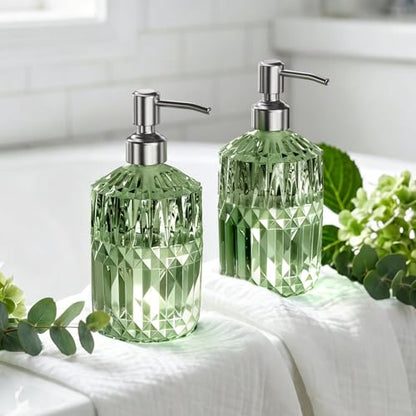 AmazerBath Soap Dispenser, 2 Pack Green Glass Soap Dispenser with Pump Stainless Steel, 14.2OZ Refillable Hand Soap Bottles Bathroom Kitchen - color: Green & Stainless Steel - 2 Pack