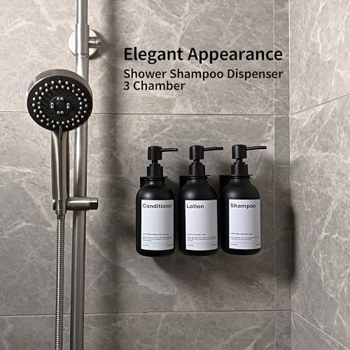 Shampoo Dispenser for Shower Wall, Shampoo and Conditioner Dispenser with 16 Waterproof Labels, Shower Dispenser 3 Chamber No Drill, Shower Soap Dispenser Wall Mounted for Bathroom, 17oz, Black - color: 2-black Bottle + Black Pump