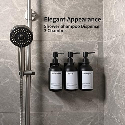 Shampoo Dispenser for Shower Wall, Shampoo and Conditioner Dispenser with 16 Waterproof Labels, Shower Dispenser 3 Chamber No Drill, Shower Soap Dispenser Wall Mounted for Bathroom, 17oz, Black - color: 2-black Bottle + Black Pump