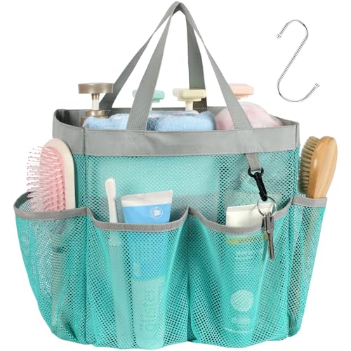 F-color Mesh Shower Caddy Portable, Upgrade Deeper 7 Pockets Shower Bag Basket Bag for College Dorm Room Toiletry Bathroom Essentials Gym Camp Quick Dry 2 handles with S Hook, Mint Green - color: 1 Pack L Mint Green, size: L (Classic Dorm Caddy)