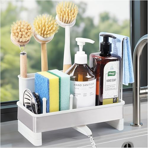 Kitchen Sink Caddy Organizer, Stainless Steel Sponge Holder, Kitchen Caddy Sink Organizer with Dish Brush Holder and Dishcloth Rack, Rustproof Dish Sponge Drying Rack for Countertop Storage - color: White