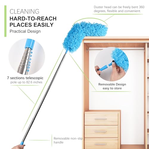 4PCS Microfiber Duster Kit, 3 in 1 Microfiber Dusters Retractable Gap Dust Cleaner and Chenille Duster with 83 inches Extra Long Extension Pole for Cleaning Ceiling Fan, High Ceiling - size: 30-98inch-4pcs