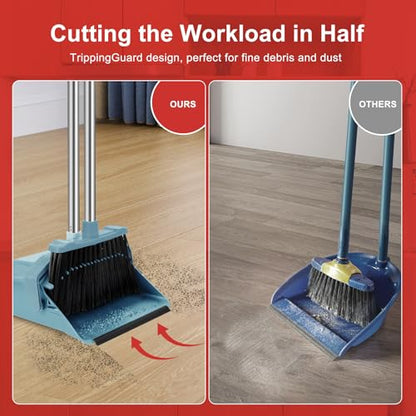Tiumso Upgrade Broom and Dustpan Set, Broom with Dustpan Combo Sets, Large Brooms and Dust Pan with Handle, Self-Cleaning Dust Pans, Heavy Duty Broom and Dustpans Set for Lobby Kitchen Office - Green - color: Green