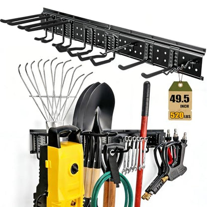 49.5'' Garage Tool Organizer Wall Mount Load 520Lbs with Heavy Duty 14Hooks | 520lbs Heavy Duty Garden Tool Organizer, Garage Wall Organizer for Garden Tool Yard Tool Shovel Rake Broom Ladder - size: 49.5''-17Pack