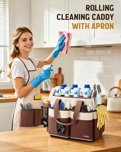Ytonet Large Cleaning Caddy with 4 Spinner Wheels, Wearable Rolling Cleaning Caddy Bag with Cleaning Apron, Detachable Trolley Portable Cleaning Supplies Organizer Cart for Housekeepers, Car, Tool - color: Beige Brown