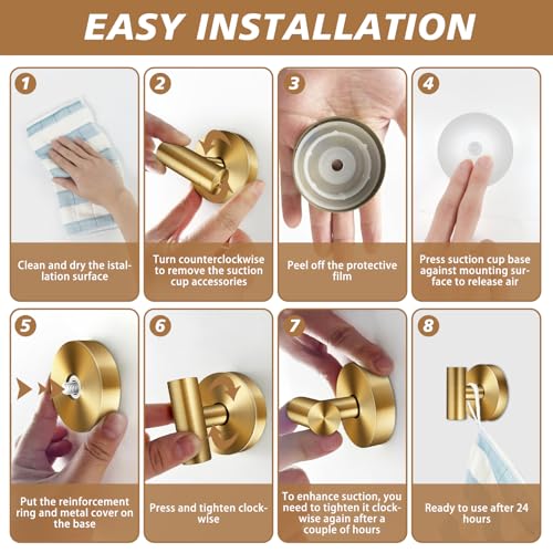 Suction Cup Hooks, Removable Shower Hooks, Brushed Gold, 2-Pack | No Wall Damage | Strong Hold on Tile, Glass & Mirrors | Kitchen & Bathroom Use | Perfect for Towels, Loofahs, Robes & Coats - style: Brushed Gold