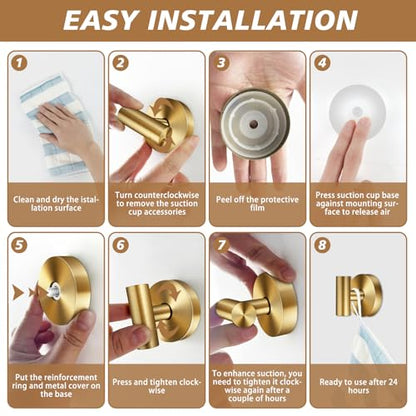Suction Cup Hooks, Removable Shower Hooks, Brushed Gold, 2-Pack | No Wall Damage | Strong Hold on Tile, Glass & Mirrors | Kitchen & Bathroom Use | Perfect for Towels, Loofahs, Robes & Coats - style: Brushed Gold