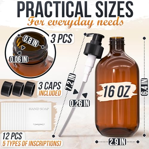 Plastic Amber Soap Dispenser with Pump Set of 3 – 16 oz Refillable Shampoo and Conditioner Bottles – Durable & Reusable for Hand Soap, Dish Soap, Lotion, Gel, Body Wash in Kitchen, Bathroom, Shower
